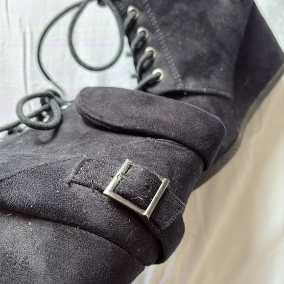 Call It Spring Black Suede Wedge Booties | Ankle Lace-Up Buckle Detail Size 6 - Picture 5 of 7